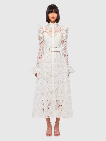 French Retro Elegant Style Embroidery Dress Collared Cardigan High-Waist A-Shaped Dress